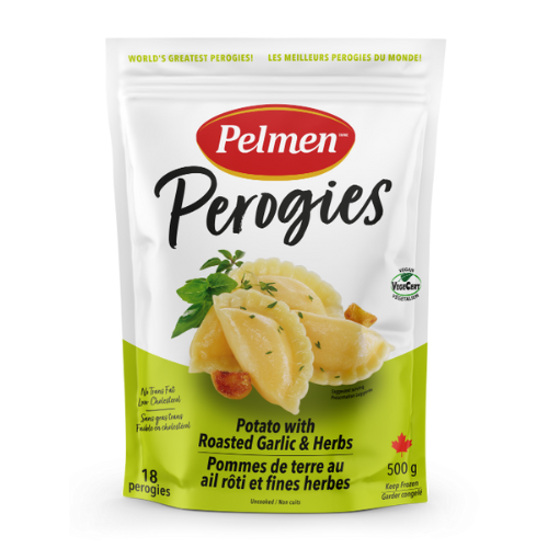 H. 02210 POTATO W ROASTED GARLIC HERBS PEROGIES 500G/12CS
